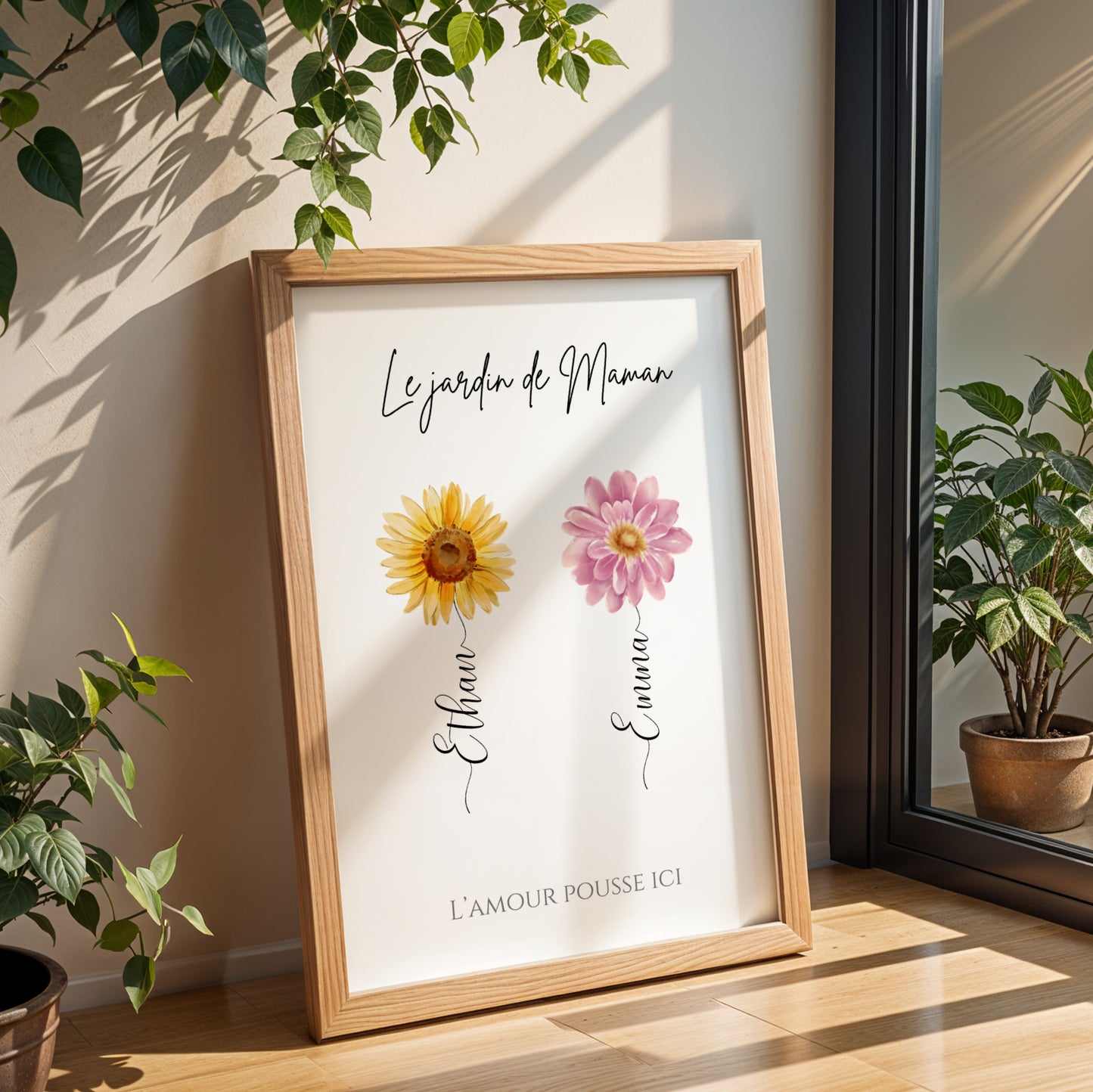 Affiche maman et fleurs personnalisée – Cadeau avec prénoms des enfants