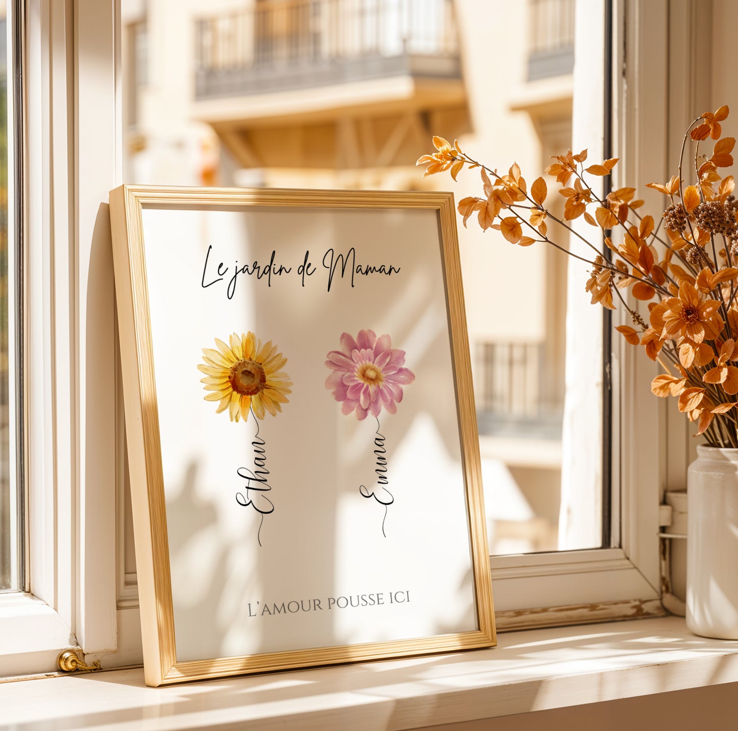 Affiche maman et fleurs personnalisée – Cadeau avec prénoms des enfants