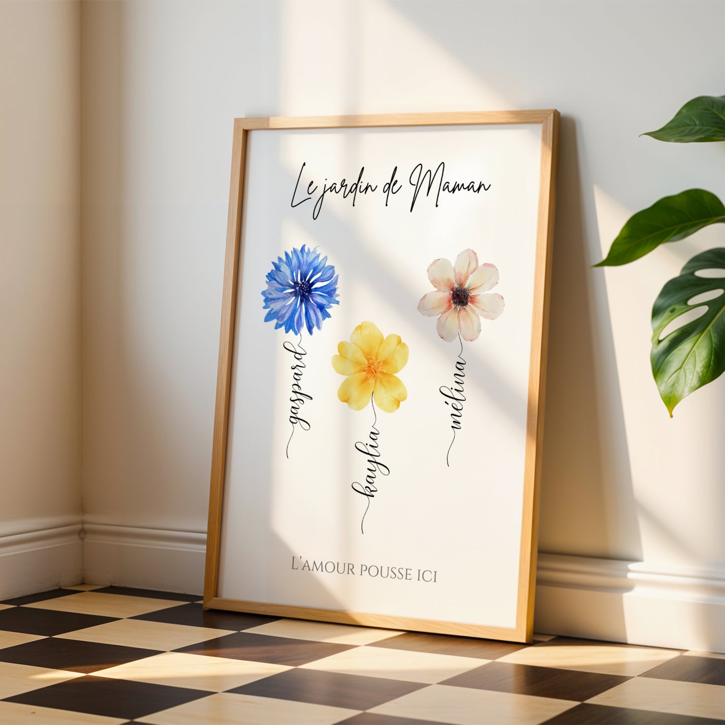 Affiche maman et fleurs personnalisée – Cadeau avec prénoms des enfants