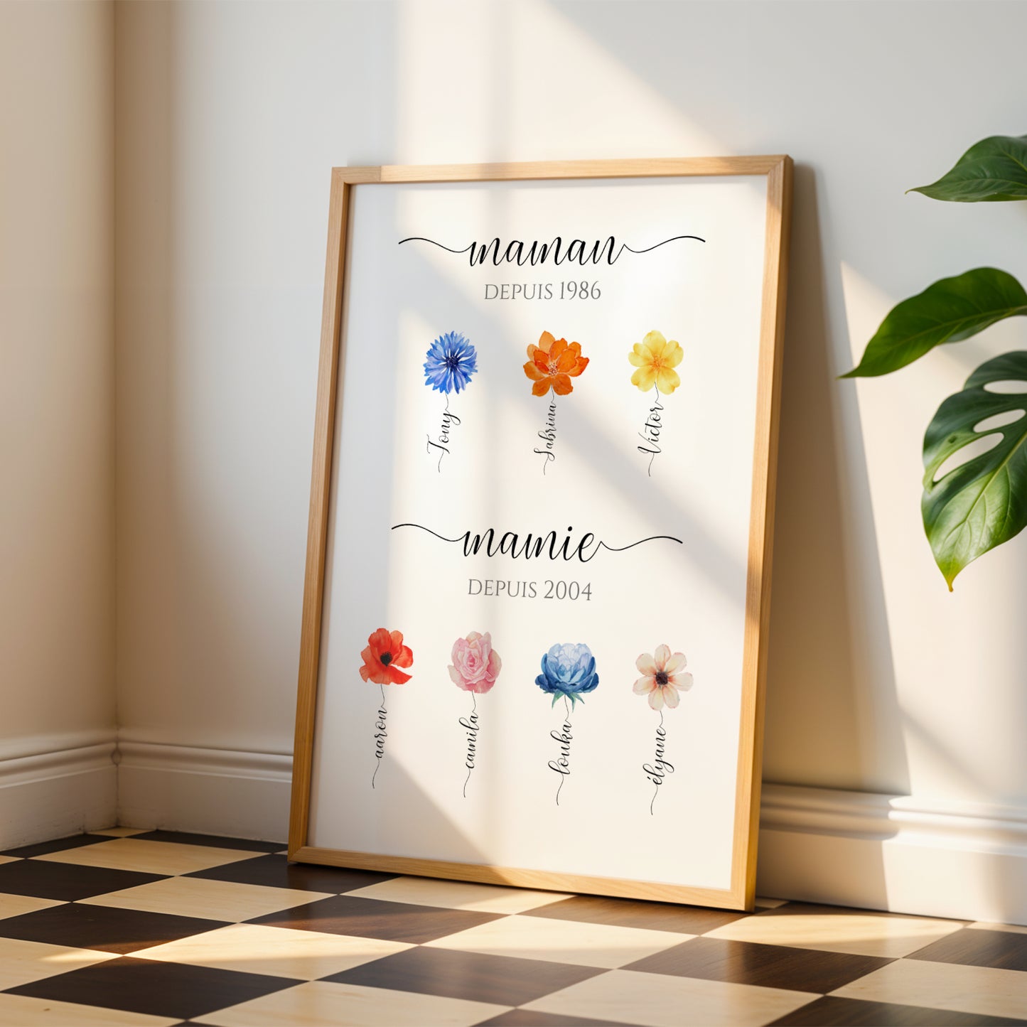 Framed Affiche Mamie Personnalisée with colorful flowers and names, perfect for Fête des Grands-Mères gift.