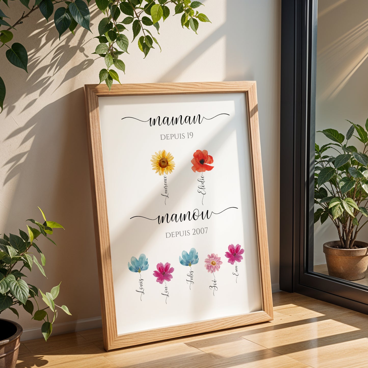 Affiche Mamie Personnalisée with colorful pressed flowers in a light wooden frame, ideal for Fête des Grands-Mères gifts.
