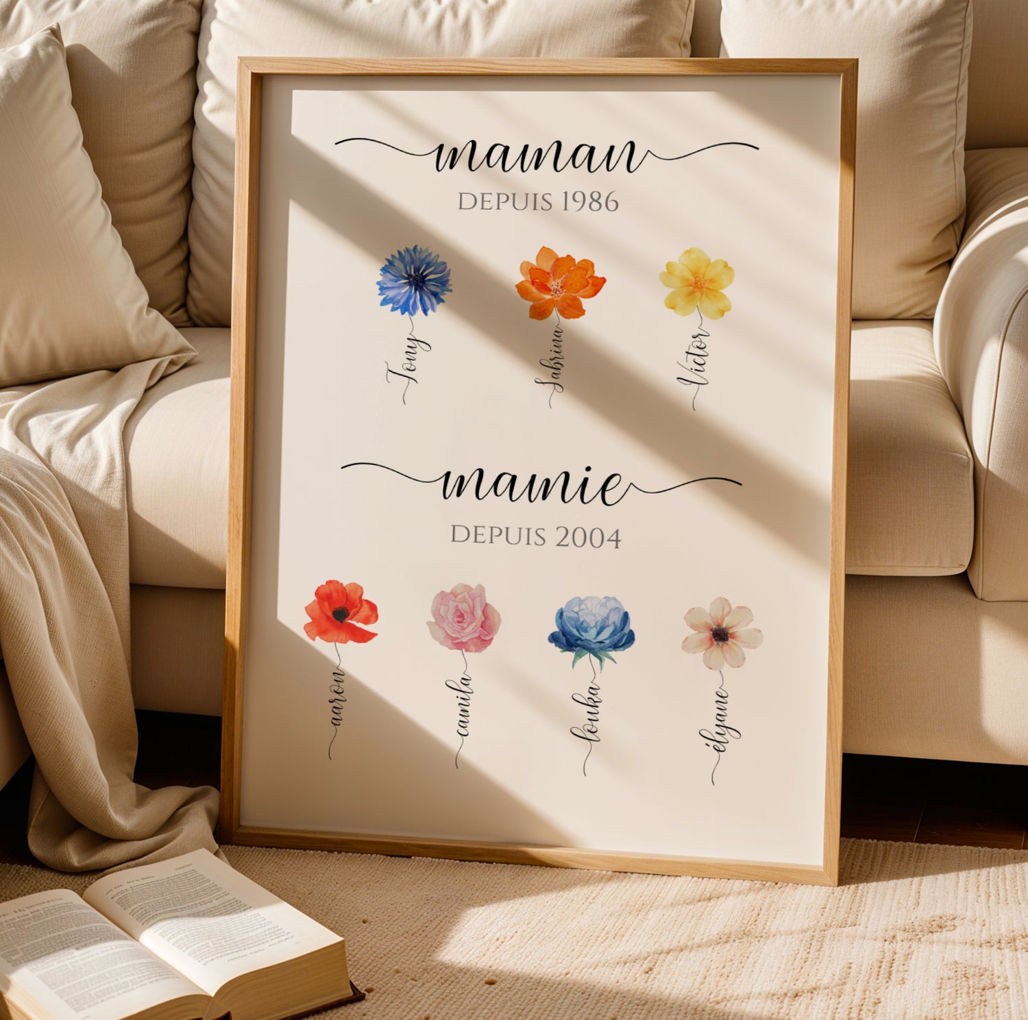 Personalized Mamie poster with colorful flower illustrations for Fête des Grands-Mères gift.