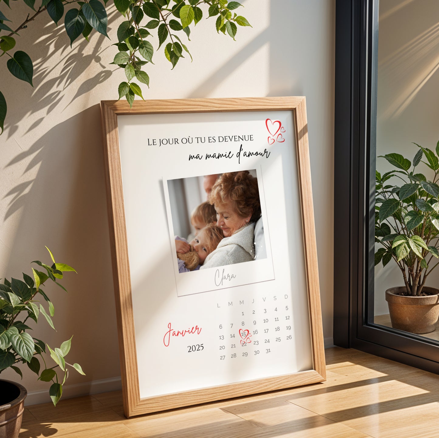 Framed personalized Affiche Mamie with photo and birth date in red, elegant design for Fête des Grands-Mères.
