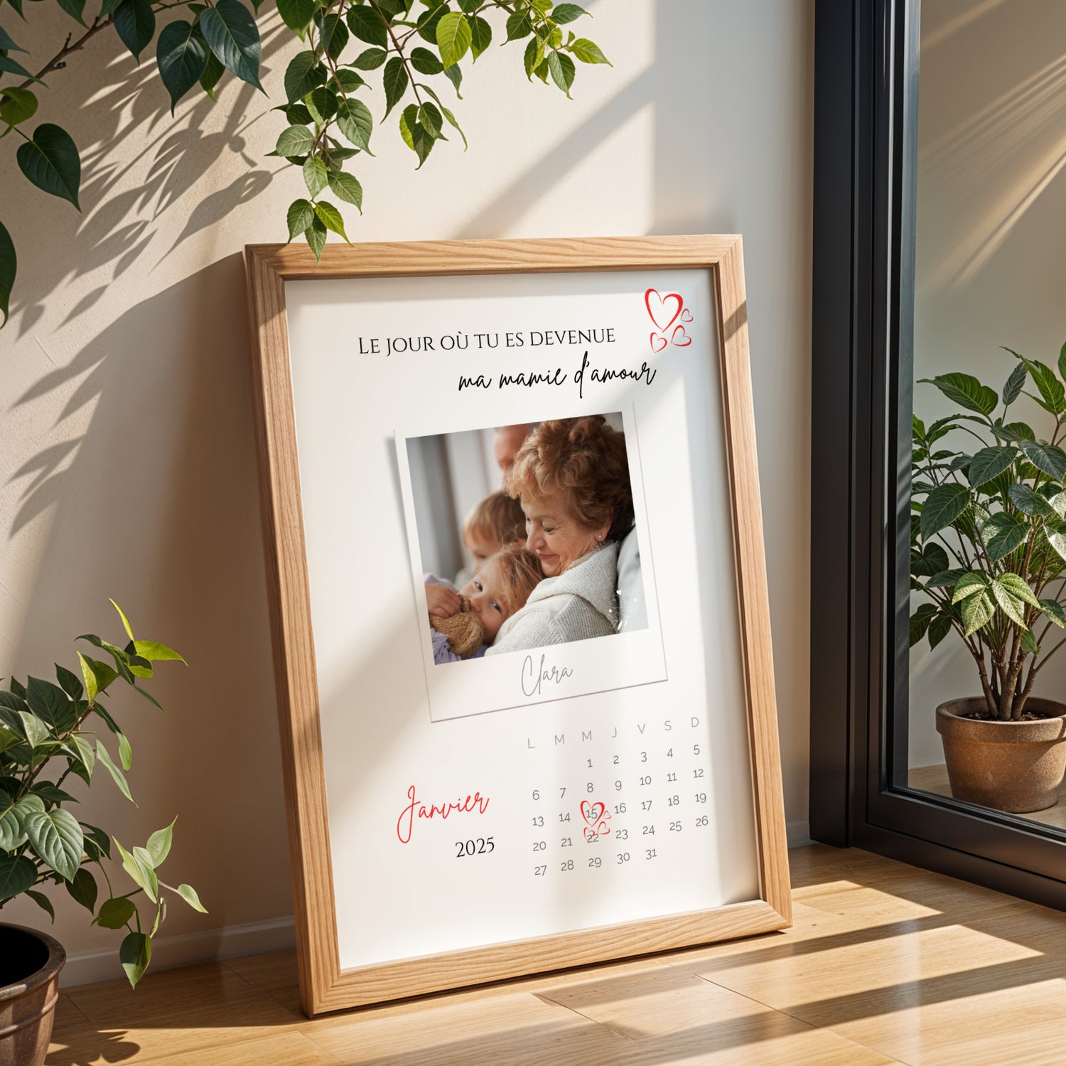 Framed personalized Affiche Mamie with photo and birth date in red, elegant design for Fête des Grands-Mères.