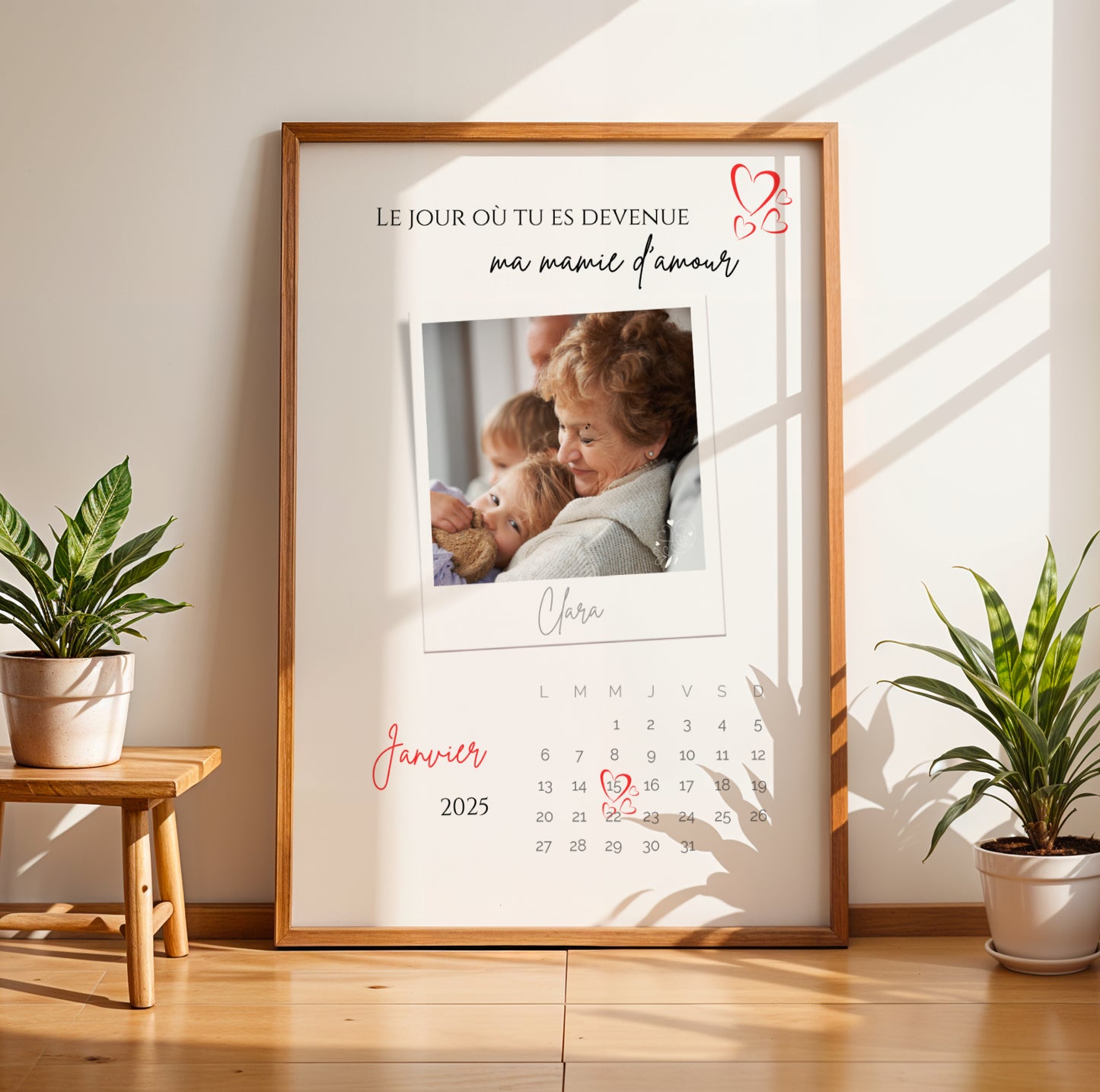 Affiche Mamie Personnalisée in wooden frame with photo and birthdate calendar, Fête des Grands-Mères design.