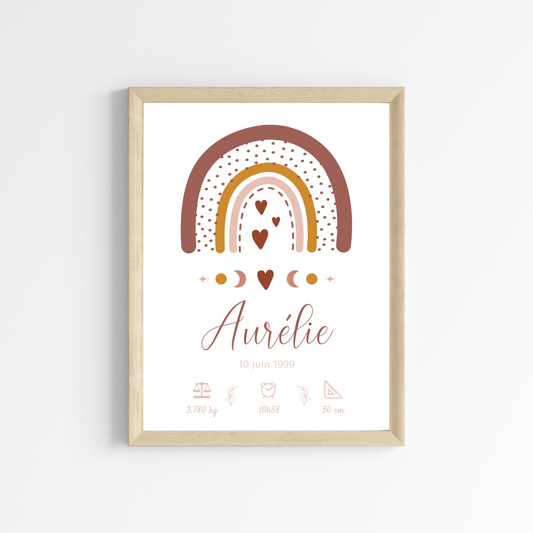 Affiche bébé arc en ciel bohème - cadeau naissance personnalisé terracotta par Le Temps des Paillettes - Le Temps des Paillettes