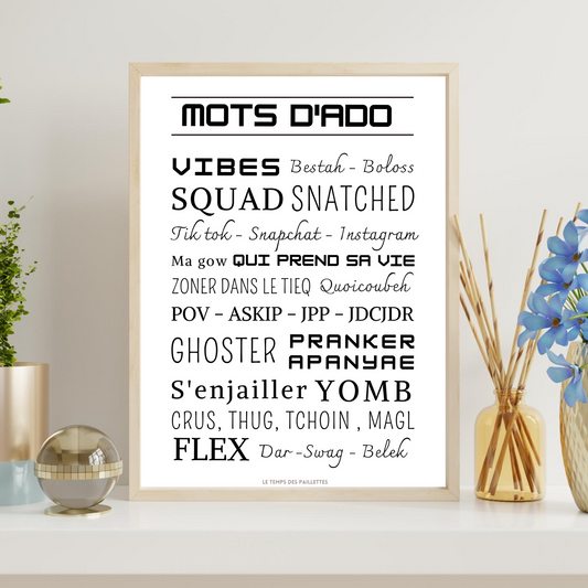 Affiche Mots d'ado - Poster d'art mots et expressions ado - Décoration drôle par Le Temps des Paillettes - Le Temps des Paillettes