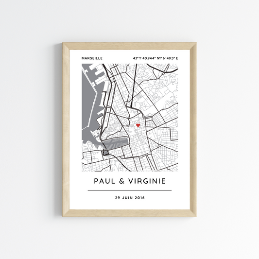 Affiche carte pour couple personnalisée avec lieu de rencontre - Affiche carte GPS par Le Temps des Paillettes - Le Temps des Paillettes