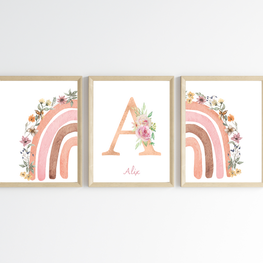 Affiches enfant personnalisée arc en ciel fleuri - Affiche de Naissance bohème - par Le Temps des Paillettes - Le Temps des Paillettes