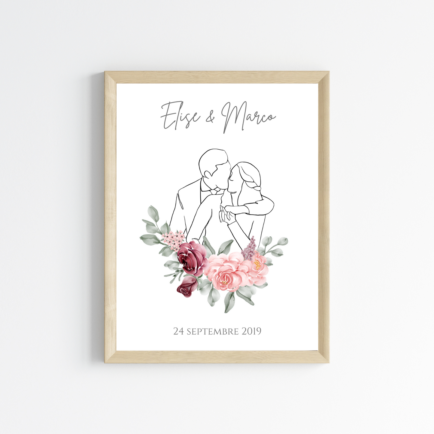 Affiche couple personnalisée  - déco mariage fleurs avec prénoms et date - affiche  souvenir par Le Temps des Paillettes