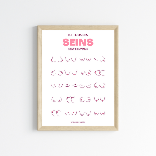 Affiche humour WC - affiche ici tous les seins sont bienvenus par Le Temps des Paillettes - Le Temps des Paillettes