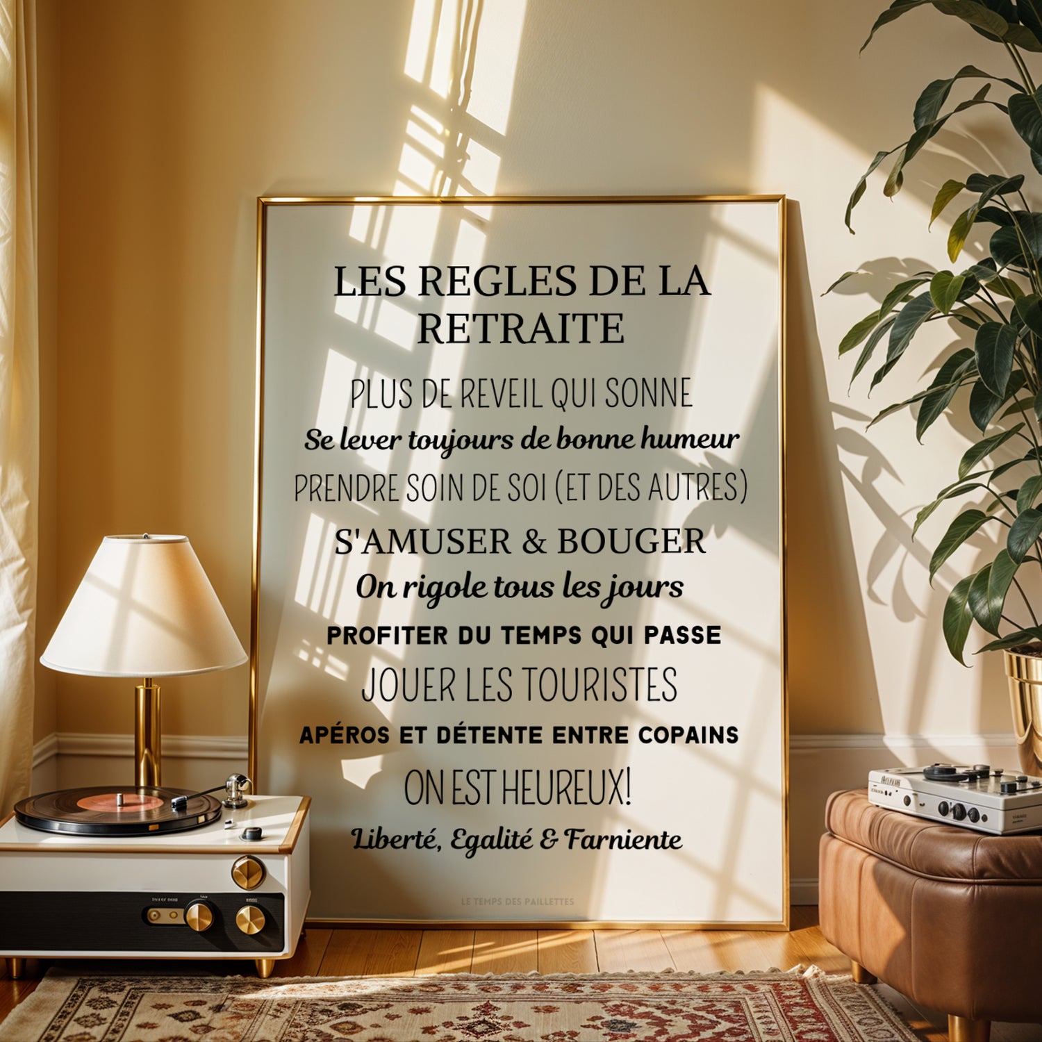 The "Affiche cadeau départ à la retraite - poster retraiter personnalisé par Le Temps des Paillettes" lists cheerful retirement rules—a thoughtful décoration retraite or cadeau retraite, shown beside a lamp, record player, and plants in sunlight.