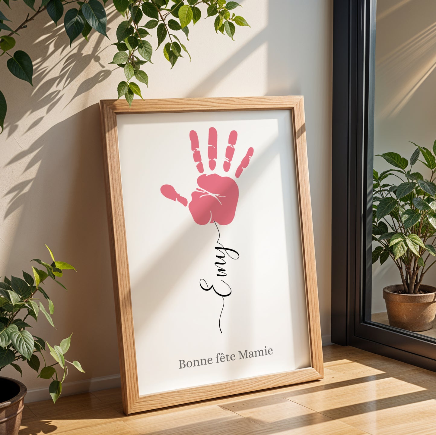 Affiche Mamie Personnalisée with pink handprint, child’s name "Emy," and "Bonne Fête Mamie" text in wooden frame, Fête des.