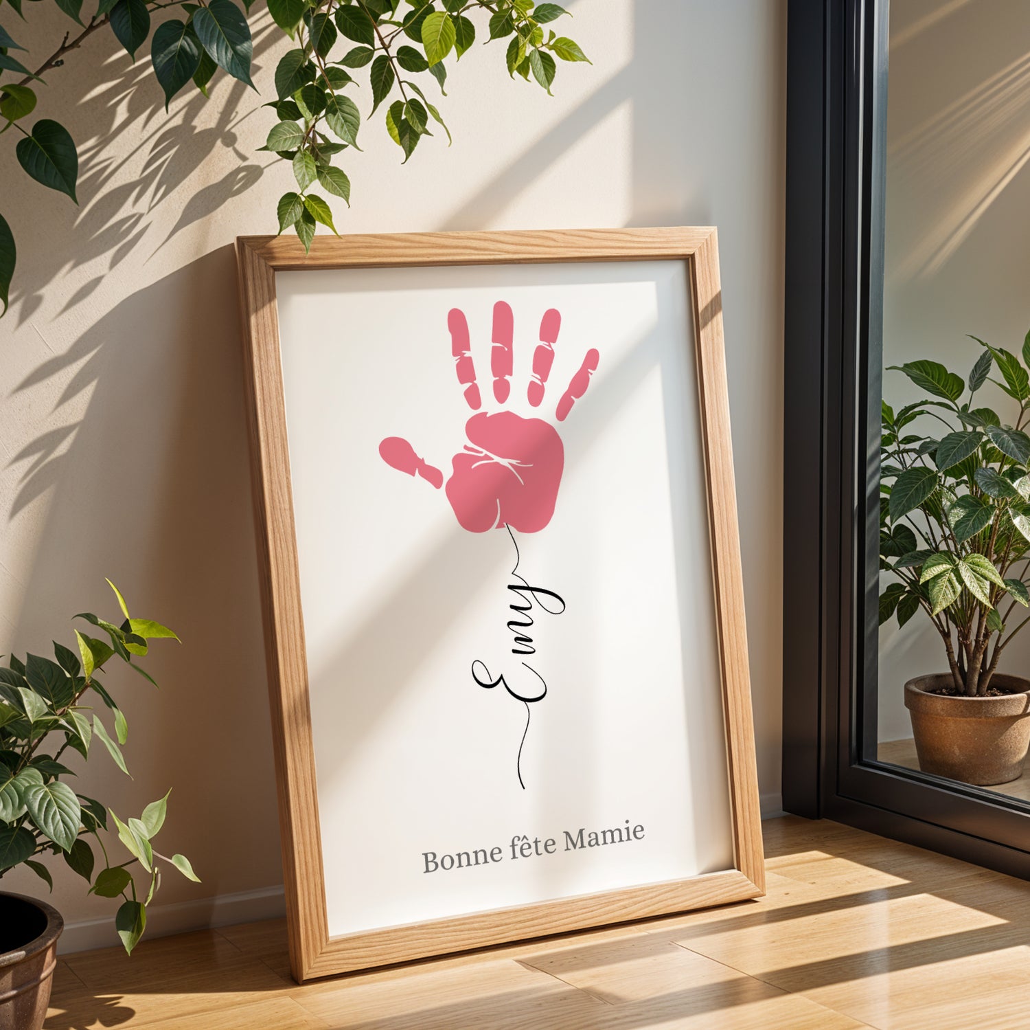 Affiche Mamie Personnalisée with pink handprint, child’s name "Emy," and "Bonne Fête Mamie" text in wooden frame, Fête des.