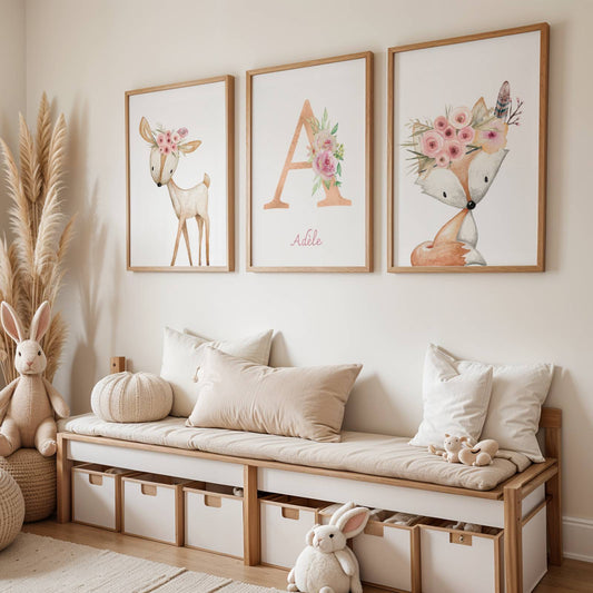Lot 3 Affiches Chambre Enfant Animaux Forêt Aquarelle Renard Lapin – Galerie Murale Personnalisée Prénom Cadeau Naissance