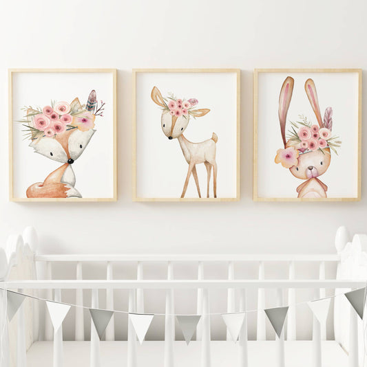 Lot 3 Affiches Chambre Enfant Animaux Forêt Aquarelle – Galerie Murale Prénom Personnalisée Cadeau Naissance Bébé Mixte