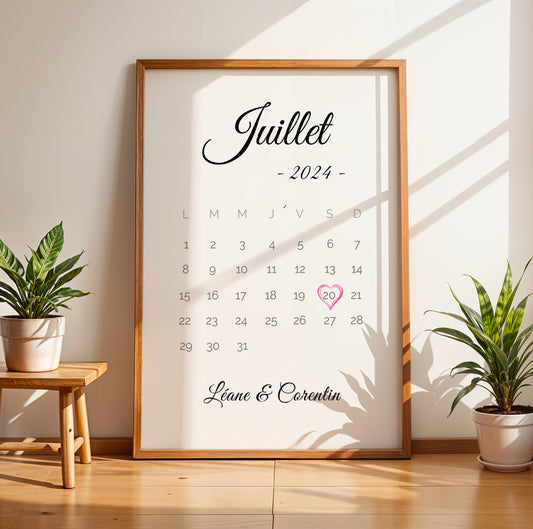 Affiche personnalisée couple avec calendrier et date – Cadeau couple personnalisé, affiche date rencontre, mariage, PACS