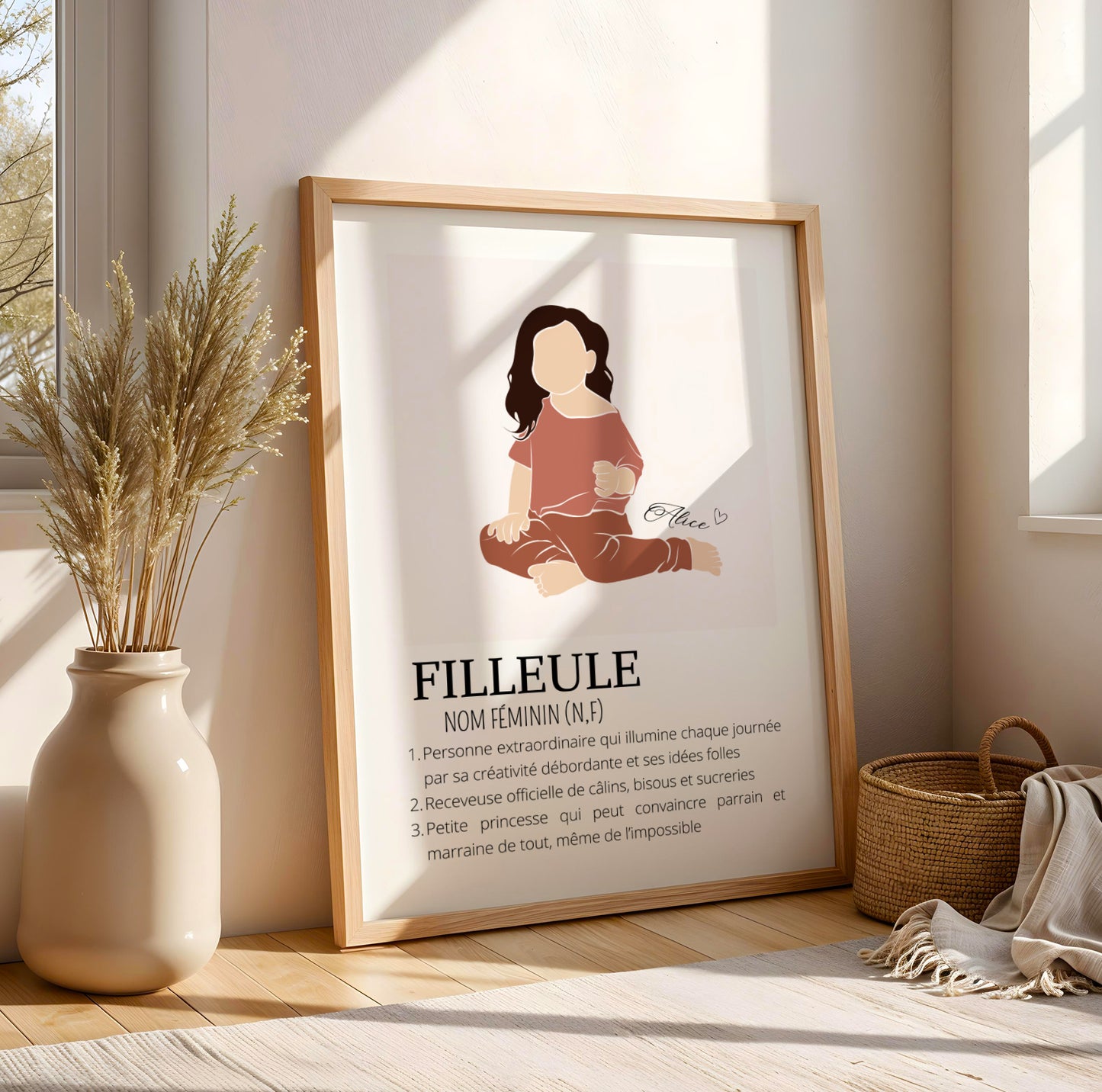 Affiche Définition Filleule personnalisée  avec prénom et illustration abstraite bébé ou petite fille Idée cadeau parrain et marraine