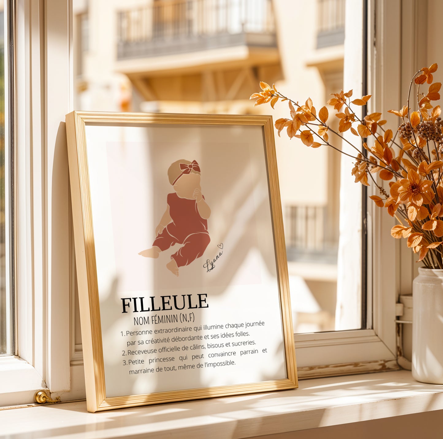 Affiche Définition Filleule personnalisée  avec prénom et illustration abstraite bébé ou petite fille Idée cadeau parrain et marraine
