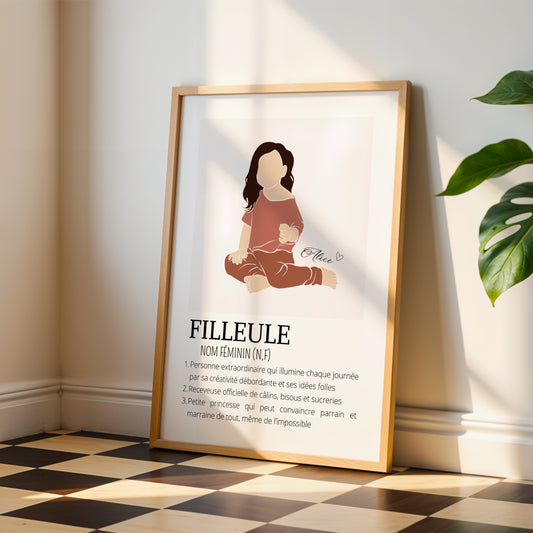 Affiche Définition Filleule personnalisée  avec prénom et illustration abstraite bébé ou petite fille Idée cadeau parrain et marraine