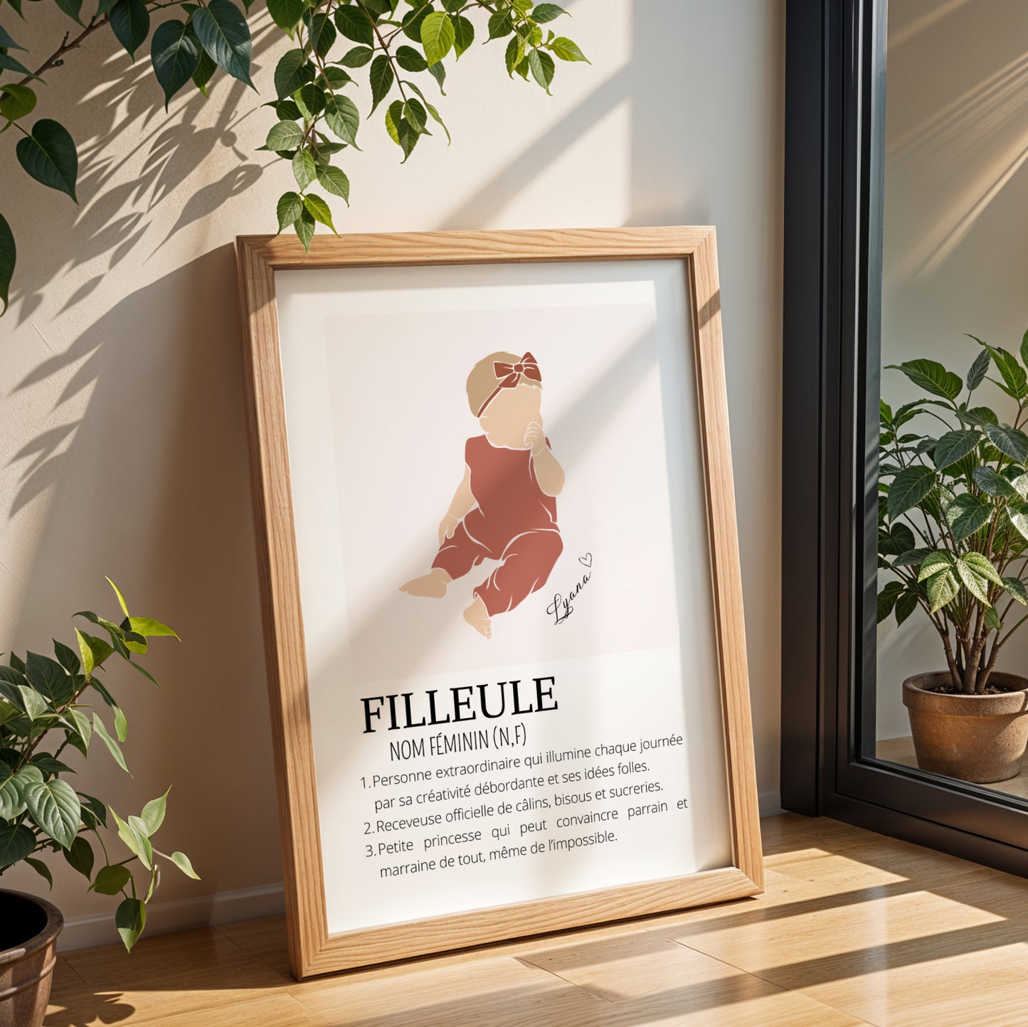 Affiche Définition Filleule personnalisée  avec prénom et illustration abstraite bébé ou petite fille Idée cadeau parrain et marraine