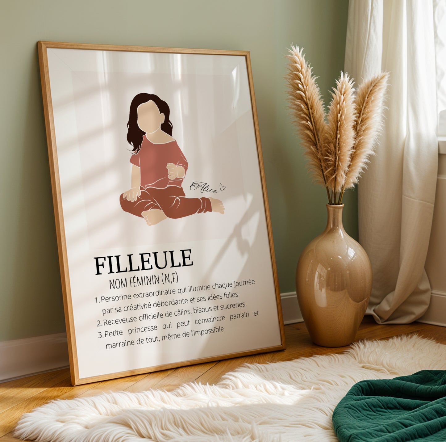 Affiche Définition Filleule personnalisée  avec prénom et illustration abstraite bébé ou petite fille Idée cadeau parrain et marraine