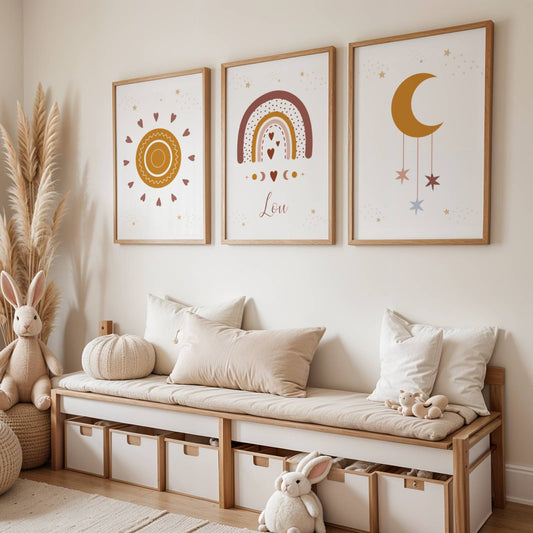 Lot 3 Affiches Chambre Bébé Terracotta Bohème Arc-en-Ciel Lune Soleil – Galerie Murale Enfant Cadeau Naissance