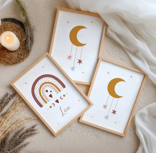 Lot 3 Affiches Chambre Bébé Terracotta Bohème Arc-en-Ciel Lune Soleil – Galerie Murale Enfant Cadeau Naissance