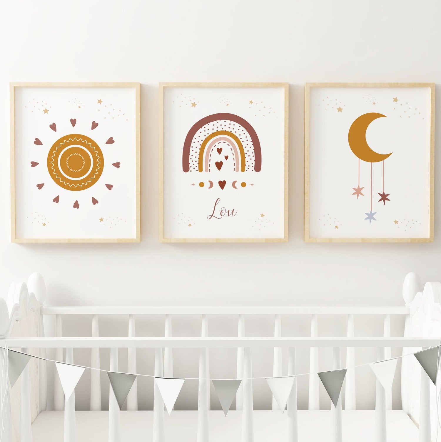 Lot 3 Affiches Chambre Bébé Terracotta Bohème Arc-en-Ciel Lune Soleil – Galerie Murale Enfant Cadeau Naissance - Image 3