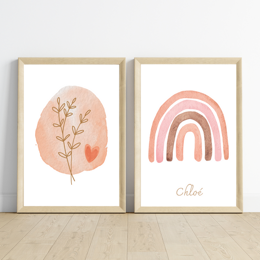 Affiches enfant boho bohème - Affiche fleurs et arc en ciel terracotta par Le Temps des Paillettes - Le Temps des Paillettes