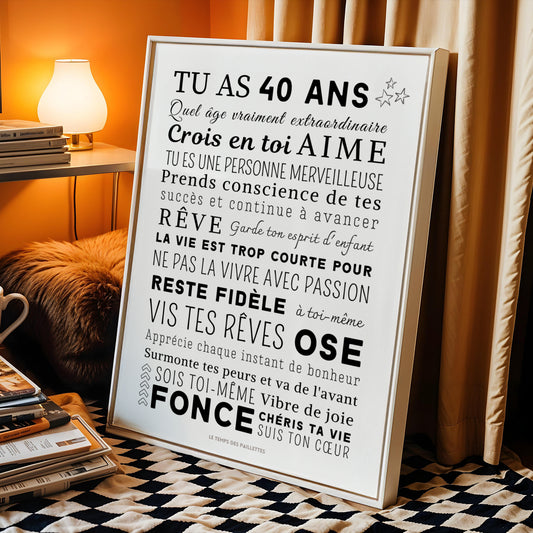 Affiche 40 ans - Carte 40ème anniversaire - Décoration de fête d'anniversaire par Le Temps des Paillettes