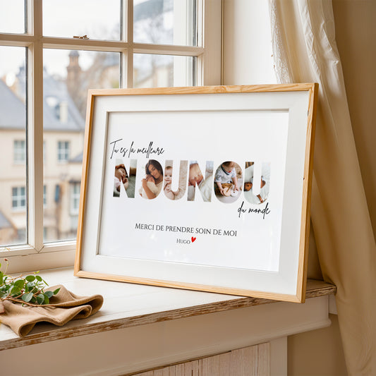 Affiche personnalisée Nounou avec photos – Mot NOUNOU illustré par vos images – Cadeau nounou unique et émouvant fin d’année scolaire