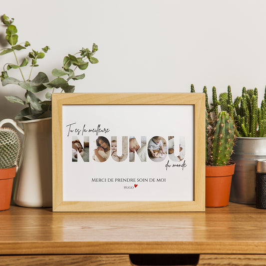 Affiche personnalisée Nounou avec photos – Mot NOUNOU illustré par vos images – Cadeau nounou unique et émouvant fin d’année scolaire