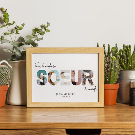 Affiche photo personnalisée sœur avec prénom et texte, souvenir familial unique, cadeau original pour anniversaire, Noël ou annonce de grossesse.