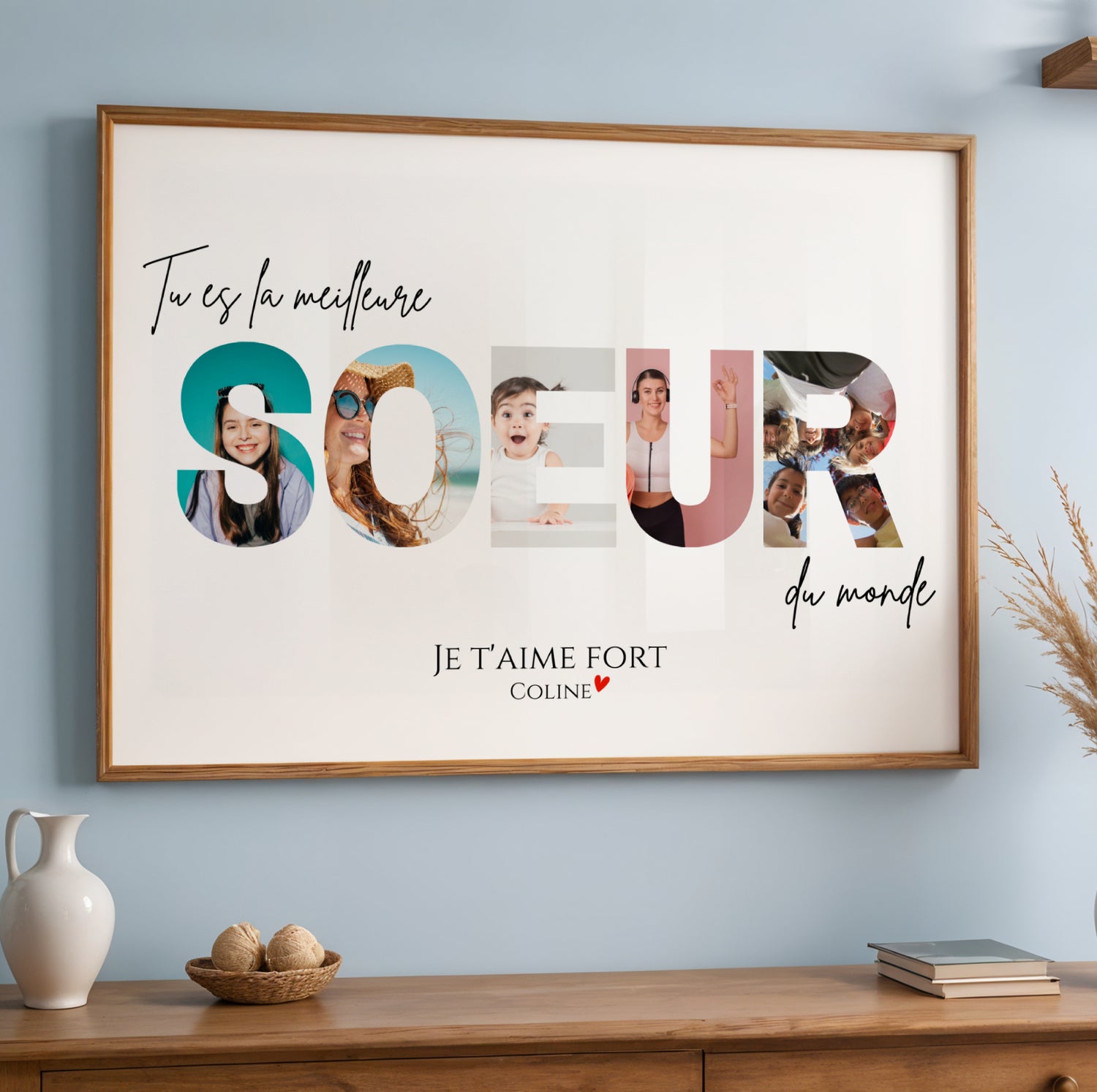 Affiche photo personnalisée sœur avec prénom et texte, souvenir familial unique, cadeau original pour anniversaire, Noël ou annonce de grossesse.
