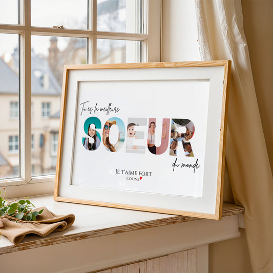 Affiche photo personnalisée sœur avec prénom et texte, souvenir familial unique, cadeau original pour anniversaire, Noël ou annonce de grossesse.