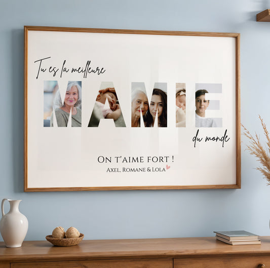 Affiche Mamie Personnalisée with large cutout letters displaying family photos, elegant script font, framed print for Fête.