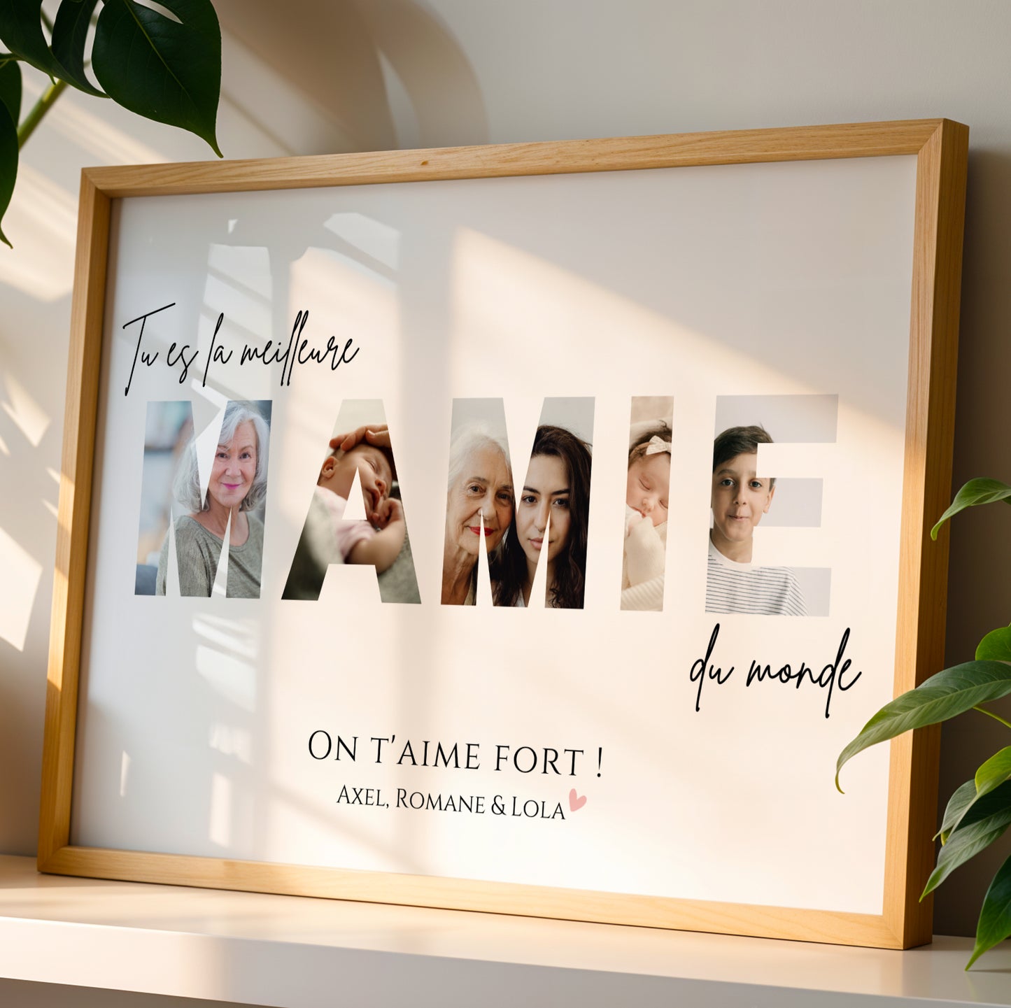 Affiche Mamie Personnalisée framed poster with FAMILLE in photo letters and Fête des Grands-Mères text.