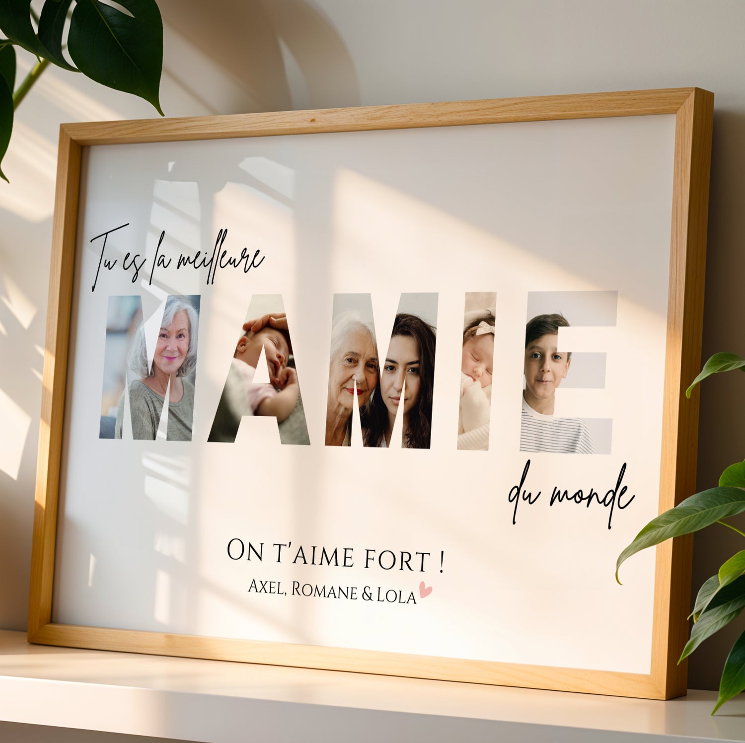 Affiche Mamie Personnalisée framed poster with FAMILLE in photo letters and Fête des Grands-Mères text.