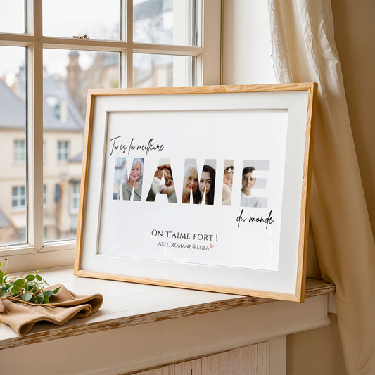 Affiche Mamie Personnalisée framed poster with photo-filled "MAMIE" letters and Fête des Grands-Mères text.