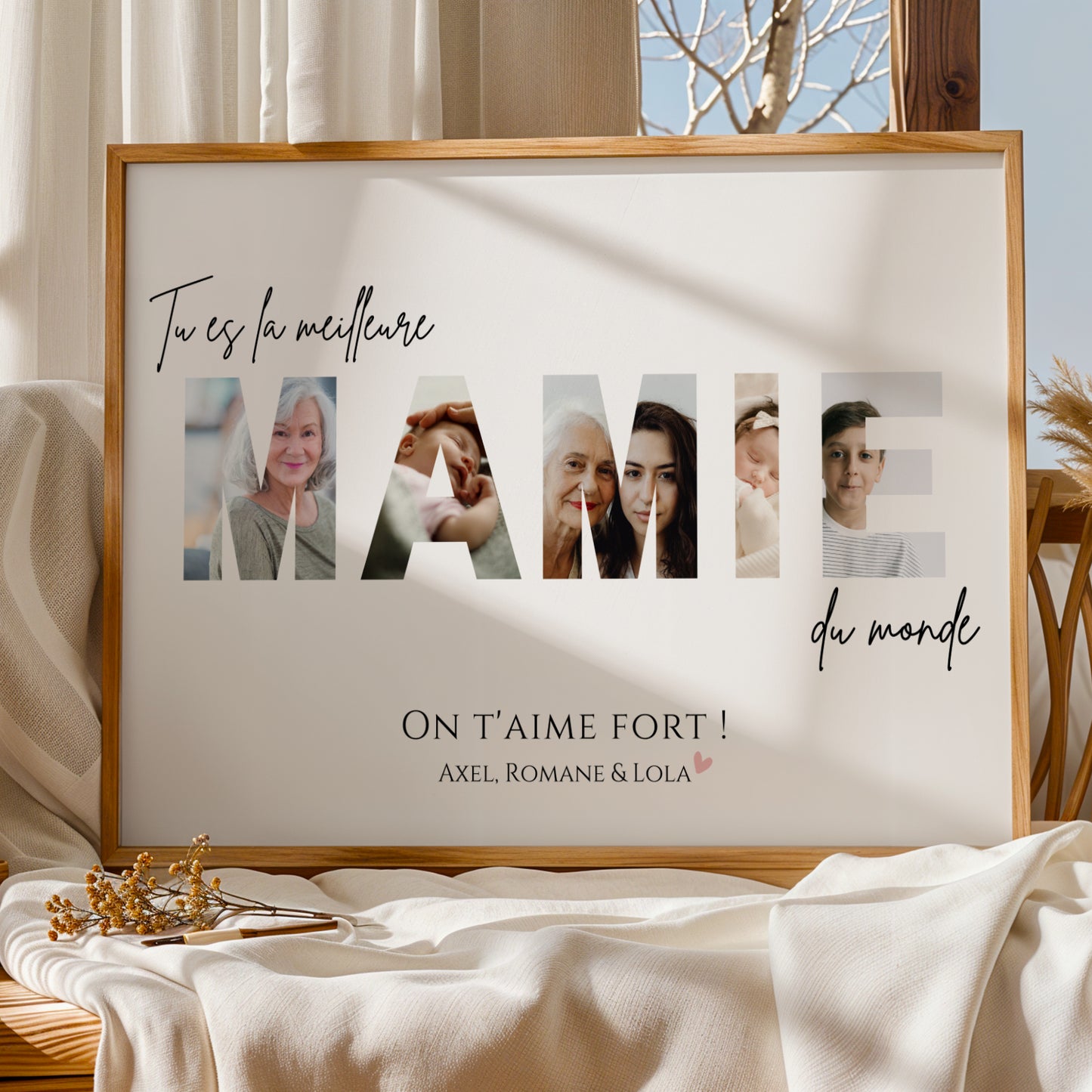 Affiche Mamie Personnalisée with family photos in MAMIE letters, wooden frame, Fête des Grands-Mères gift.
