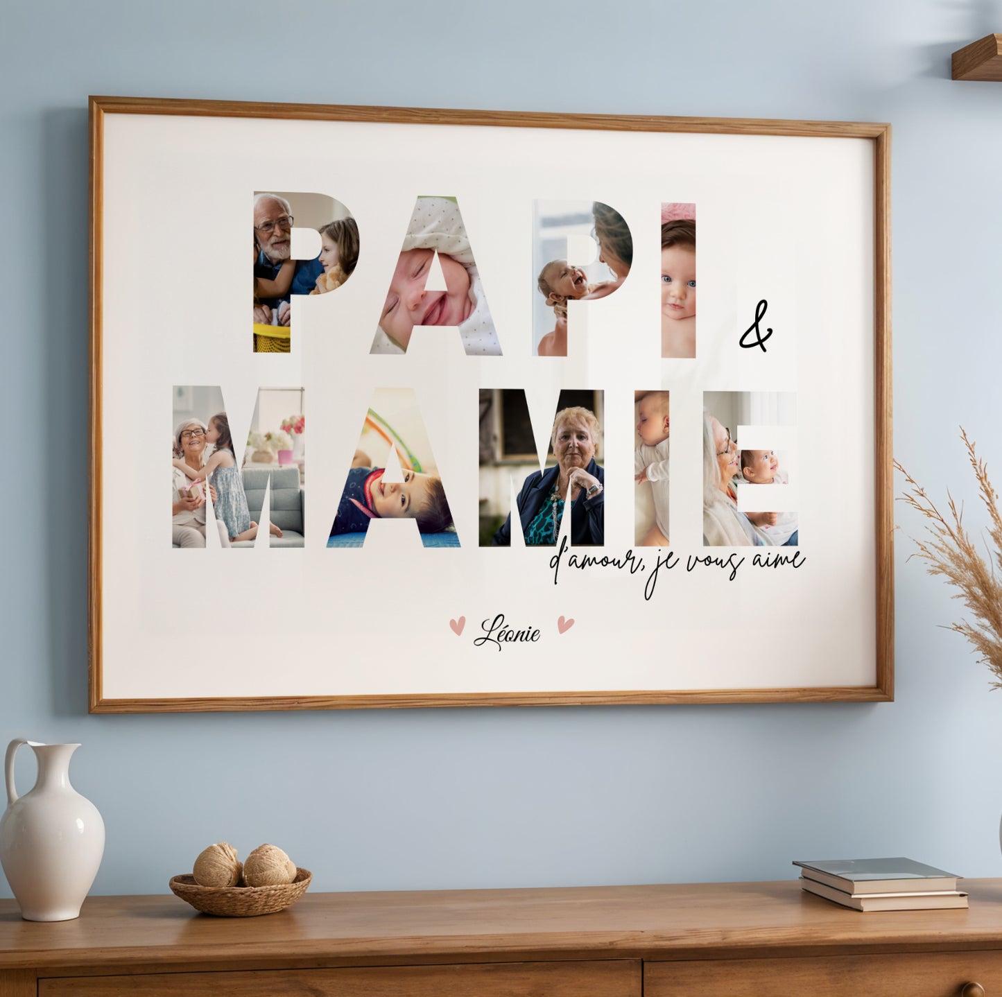 Affiche Mamie Personnalisée with "Papi & Mamie" text filled with family photos, framed in light wood for Fête des.