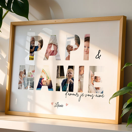 Framed personalized Affiche Mamie with photo collage text "Papi & Mamie" for Fête des Grands-Mères gift.