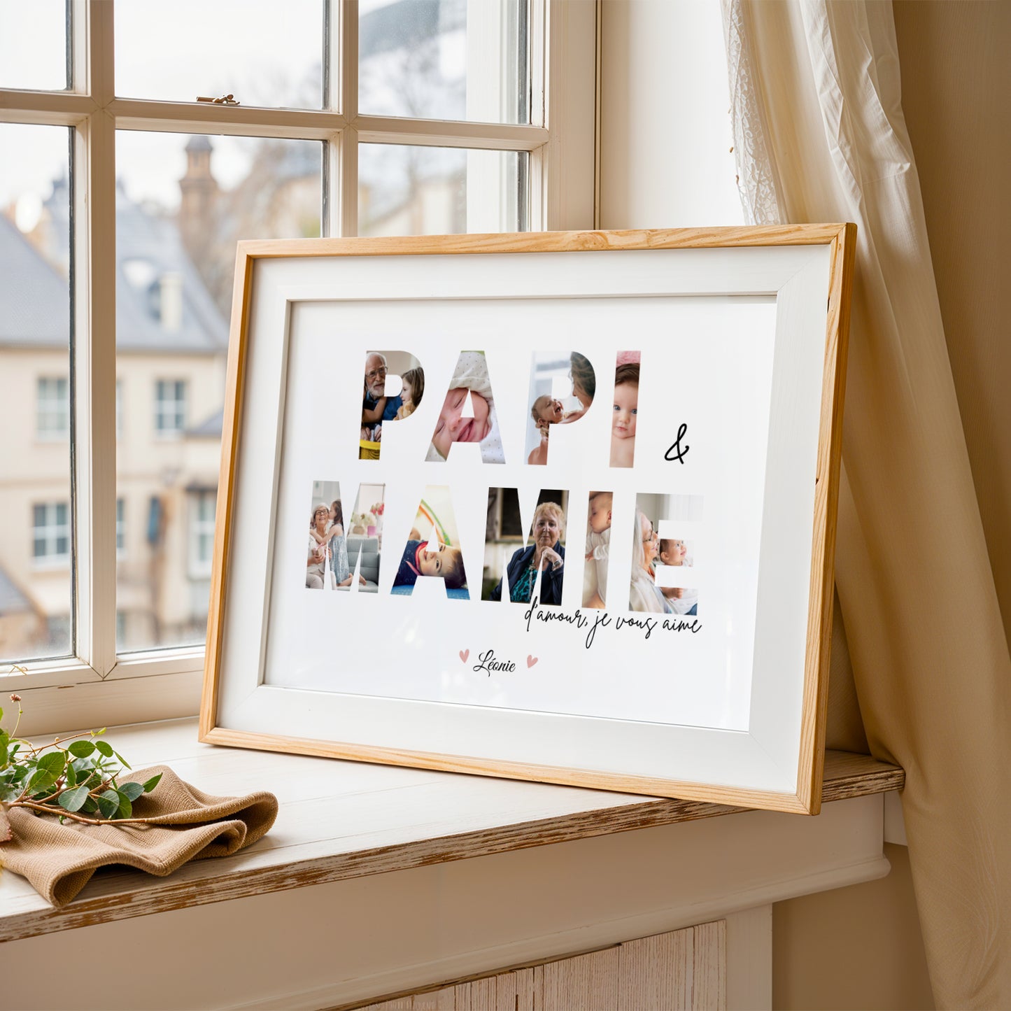 Affiche Mamie Personnalisée with photo collage letters "Papi & Mamie" in a light wooden frame for Fête des Grands-Mères.
