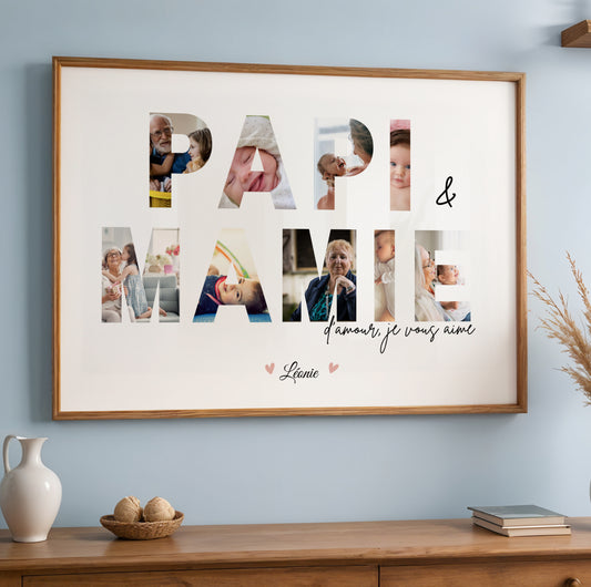 Affiche Mamie Personnalisée with "Papi & Mamie" text filled with family photos, framed in light wood for Fête des.