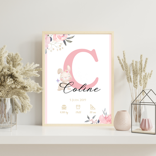 Affiche de naissance personnalisée prénom initiale lapin et roses  - Cadeau de naissance personnalisé  par Le Temps des Paillettes