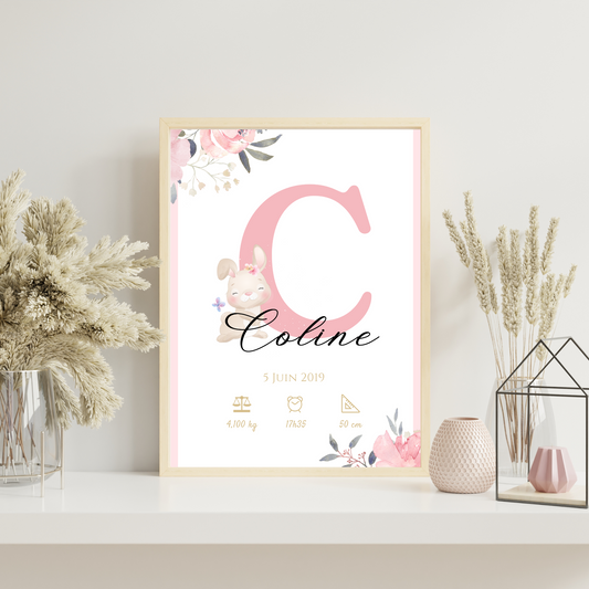 Affiche de naissance personnalisée prénom initiale lapin et roses - Cadeau de naissance personnalisé par Le Temps des Paillettes - Le Temps des Paillettes