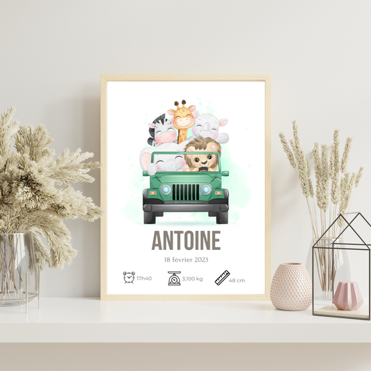 Affiche enfant safari - Poster animaux de la jungle - Cadeau de naissance personnalisé par Le Temps des Paillettes - Le Temps des Paillettes