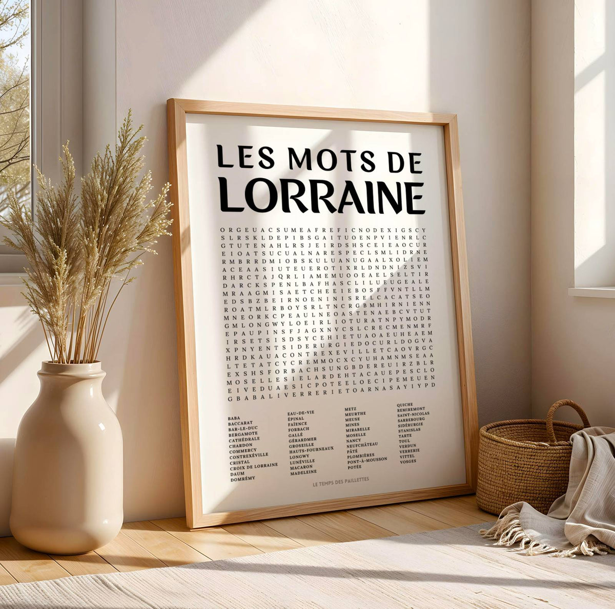 Affiche mots mêlés de la Lorraine - poster régional en noir et blanc avec grille de mots à chercher