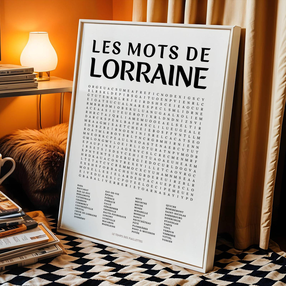 Affiche mots mêlés de la Lorraine - poster régional en noir et blanc avec grille de mots à chercher
